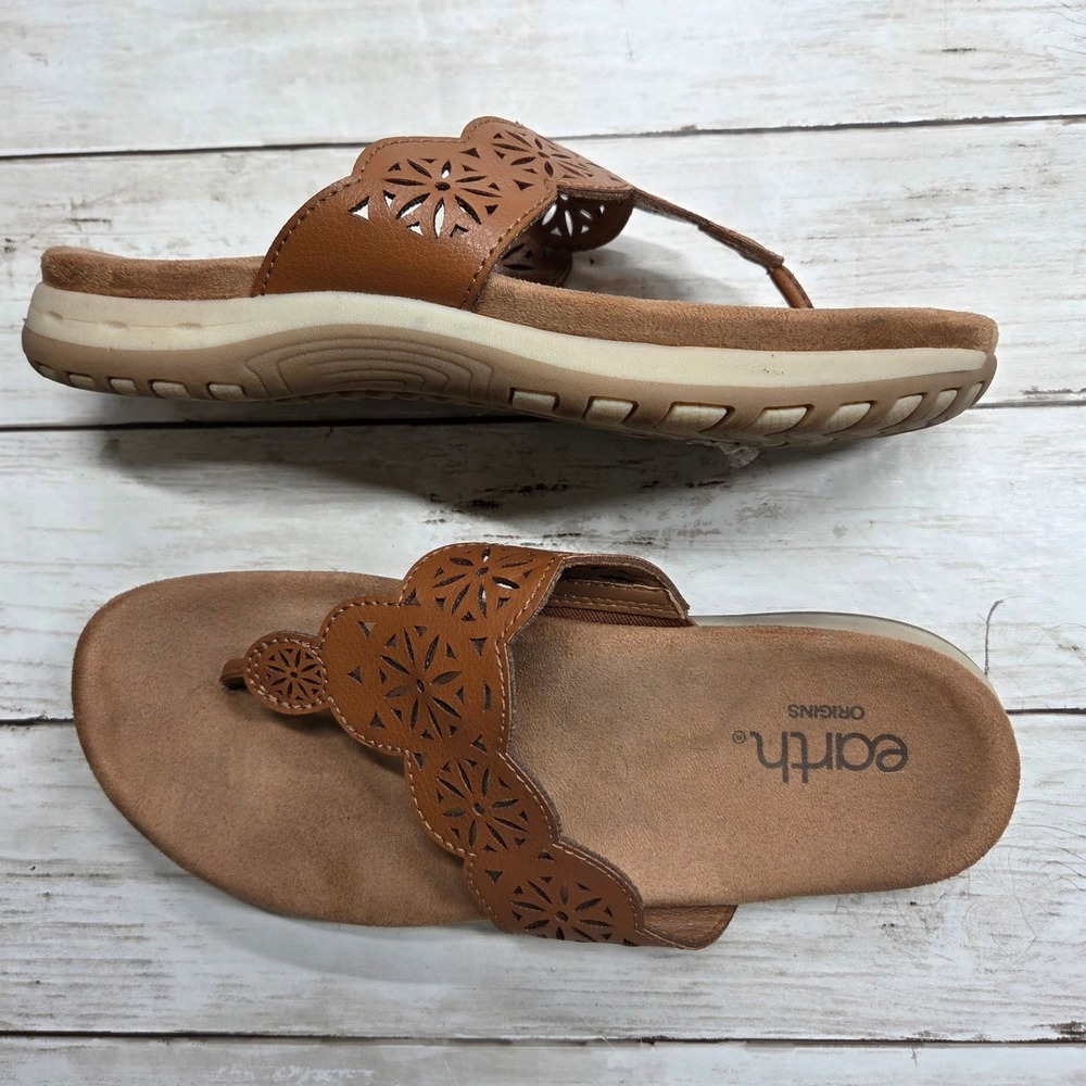 Earth Origins Laser Cut Floral Thong Sandals Women 7.5 Brown Comfort Slides